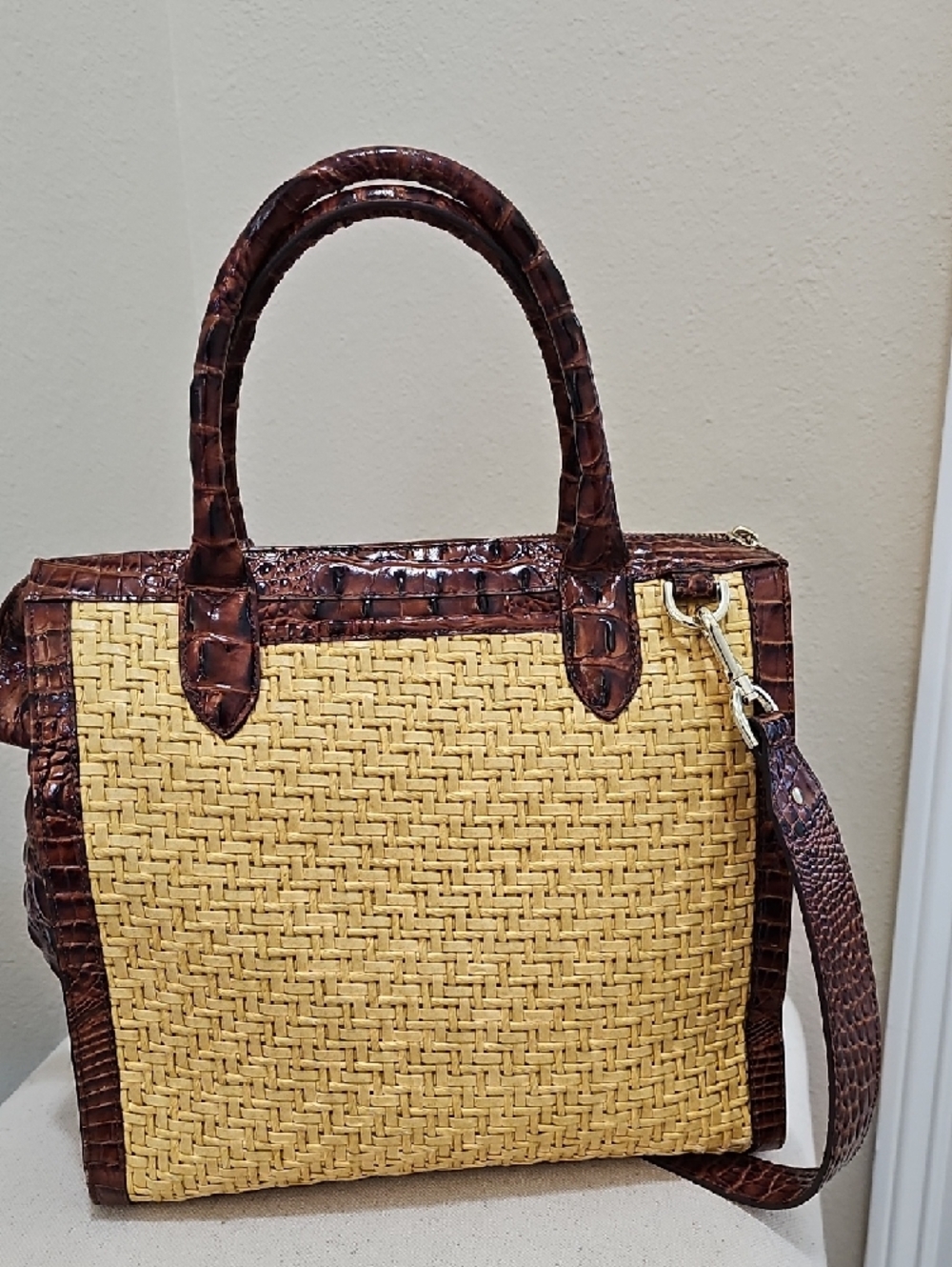 Brahmin Tan Straw Satchel with Brown Faux-Croc Trim - Picture 2 of 11
